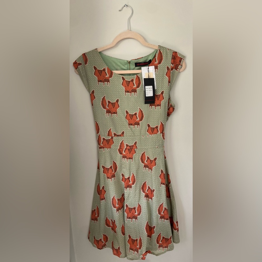 Vintage Inspired Fox Print Dress Green Fit and Flare